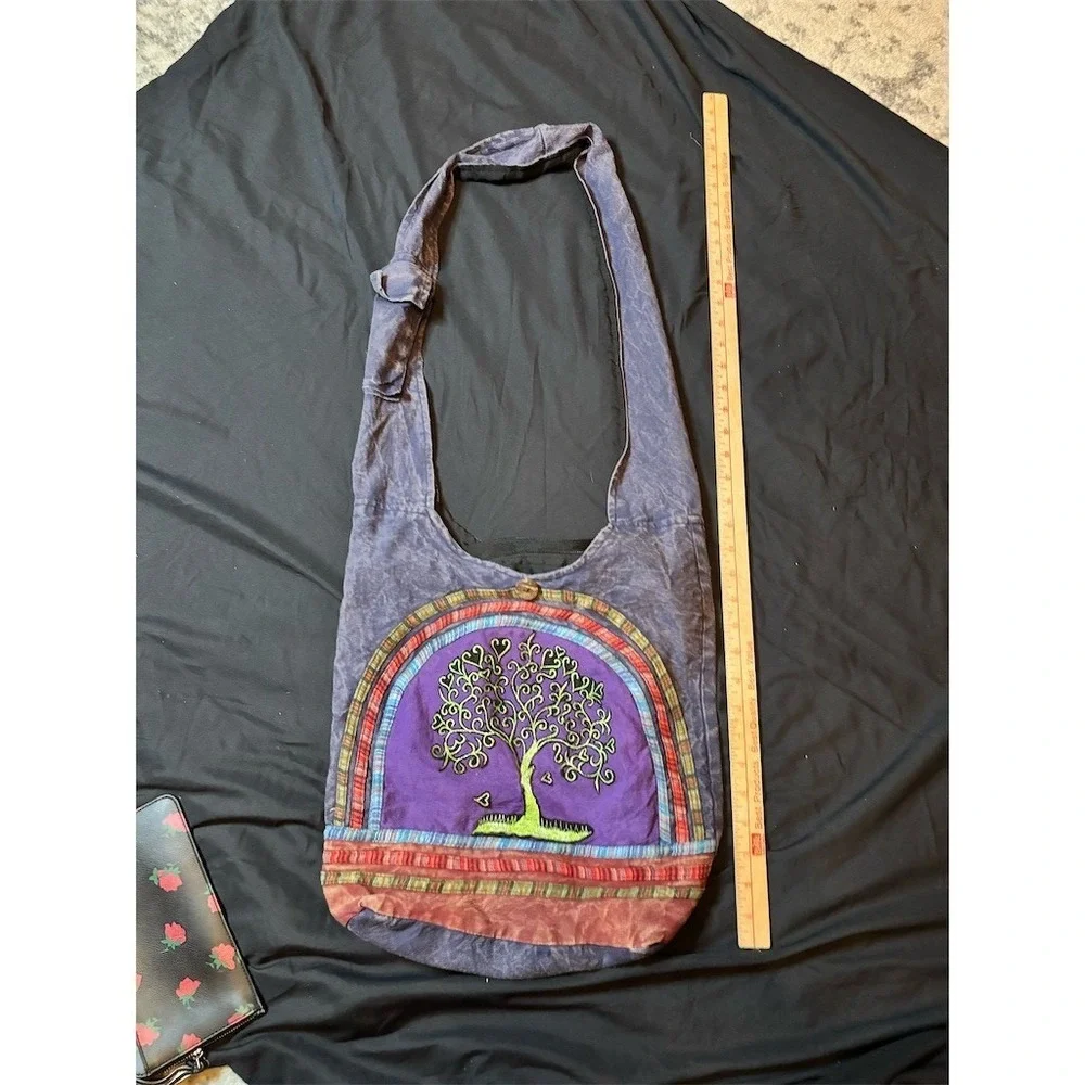 Kathmandu Womens Boho Hippie Crossbody Hobo Bag Blue Gray Patchwork Tree of life